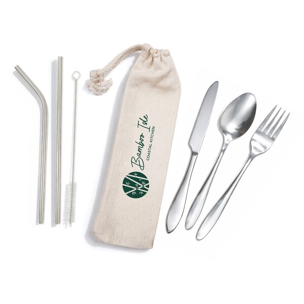 Banquet Stainless Steel Cutlery & Straw Set in Calico Pouch - Image 5