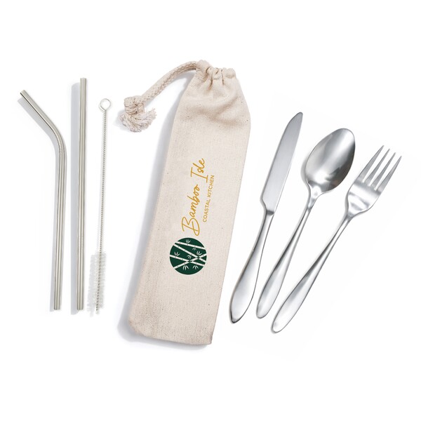 Banquet Stainless Steel Cutlery & Straw Set in Calico Pouch - Image 6