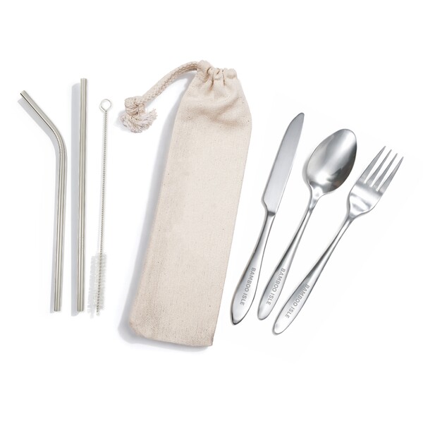 Banquet Stainless Steel Cutlery & Straw Set in Calico Pouch - Image 11