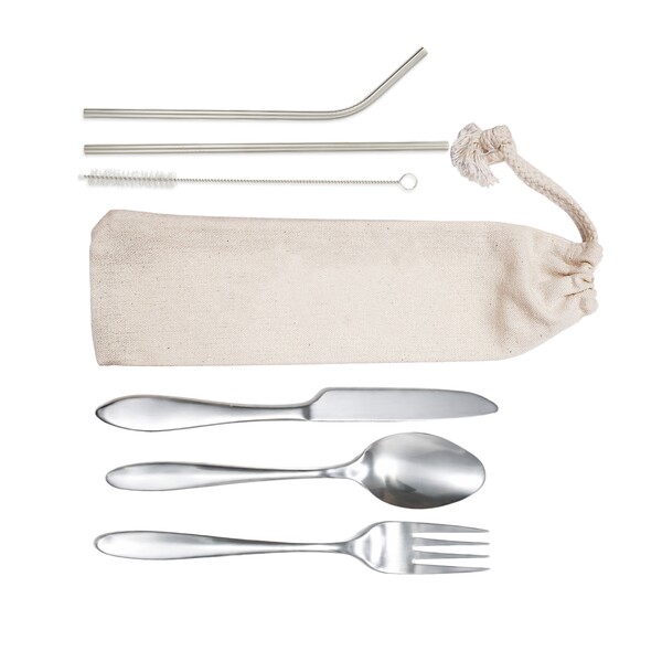 Banquet Stainless Steel Cutlery & Straw Set in Calico Pouch - Image 9